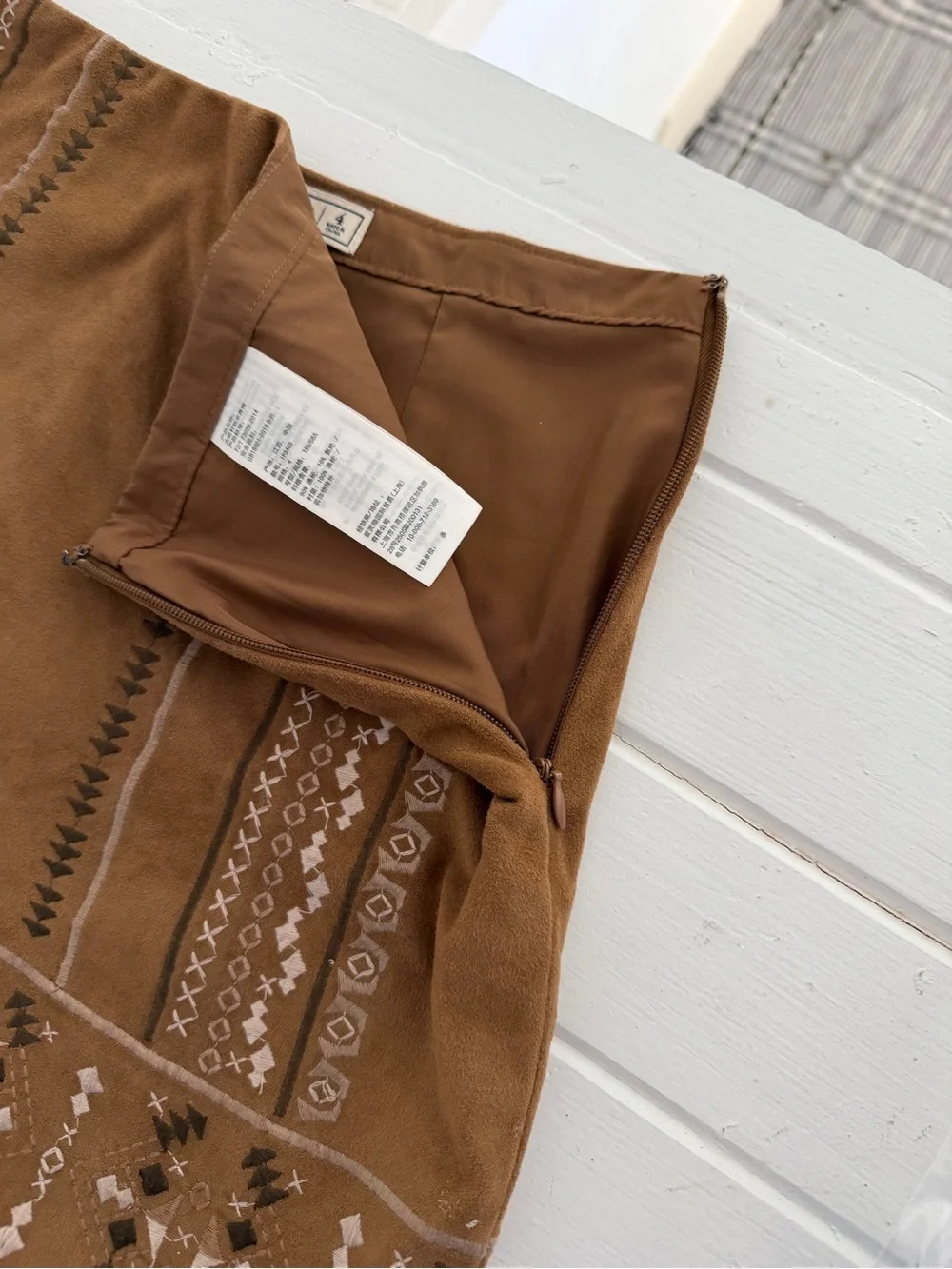 Abercrombie and Fitch Embroidered Suede Boho Skirt in Camel Brown